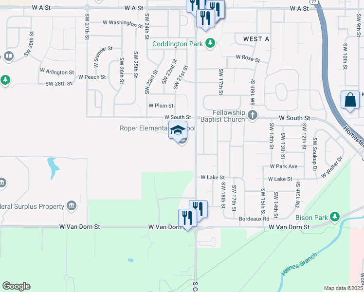 map of restaurants, bars, coffee shops, grocery stores, and more near 2323 South Coddington Avenue in Lincoln