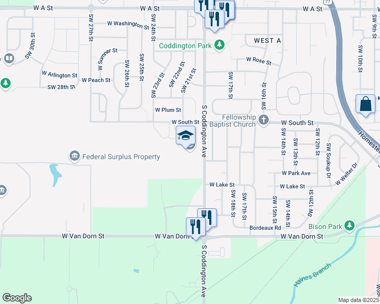map of restaurants, bars, coffee shops, grocery stores, and more near 2323 South Coddington Avenue in Lincoln