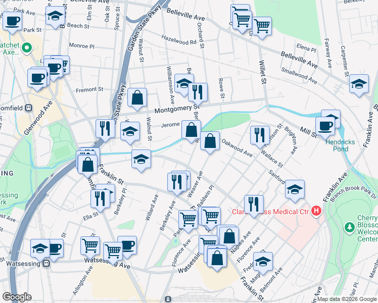 map of restaurants, bars, coffee shops, grocery stores, and more near 9 Fairview Place in Bloomfield