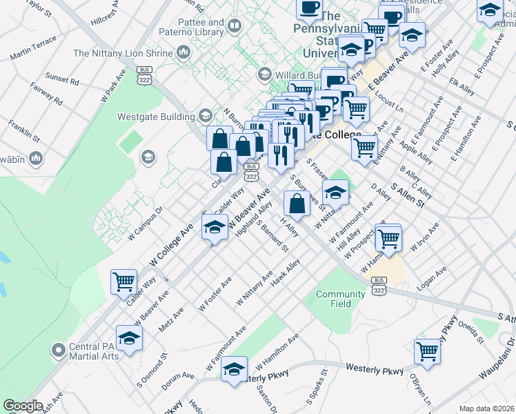 map of restaurants, bars, coffee shops, grocery stores, and more near 212 South Barnard Street in State College