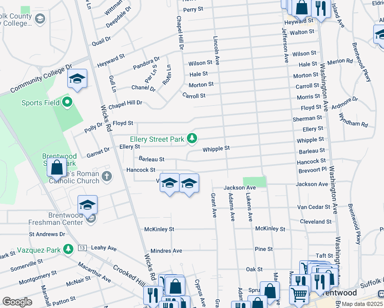 map of restaurants, bars, coffee shops, grocery stores, and more near 305 Barleau Street in Brentwood