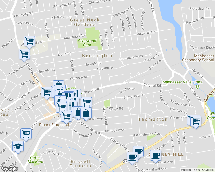map of restaurants, bars, coffee shops, grocery stores, and more near 72 Grace Avenue in Great Neck
