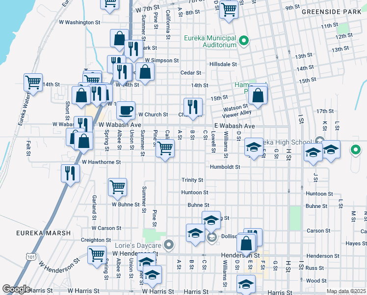 map of restaurants, bars, coffee shops, grocery stores, and more near 2016 B Street in Eureka