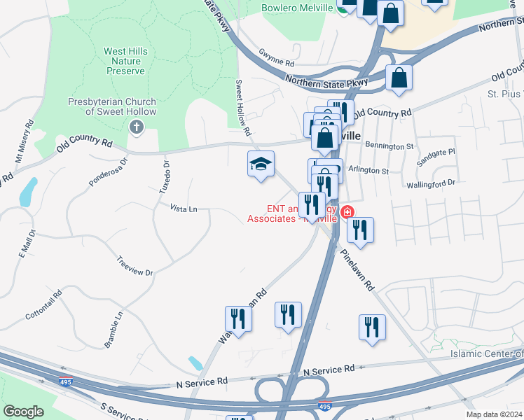 map of restaurants, bars, coffee shops, grocery stores, and more near in Melville