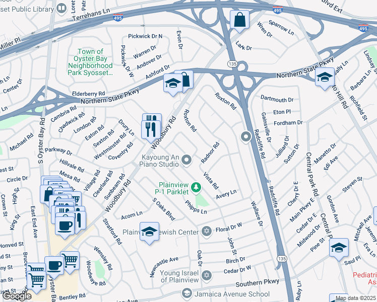 map of restaurants, bars, coffee shops, grocery stores, and more near 10 Irene Lane South in Plainview