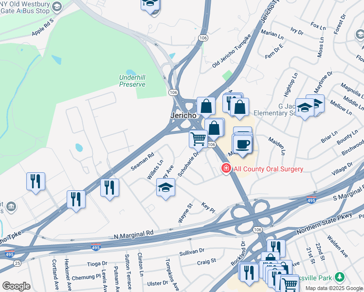 map of restaurants, bars, coffee shops, grocery stores, and more near in Jericho