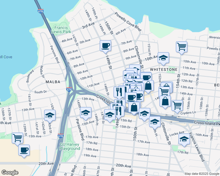 map of restaurants, bars, coffee shops, grocery stores, and more near 12-12 148th Street in Queens