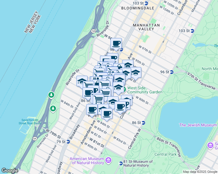 map of restaurants, bars, coffee shops, grocery stores, and more near 614 A Amsterdam Avenue in New York