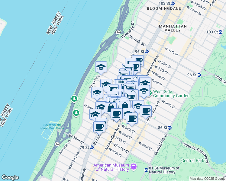 map of restaurants, bars, coffee shops, grocery stores, and more near 269 West 87th Street in New York