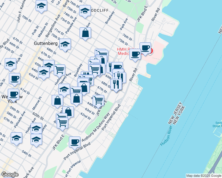 map of restaurants, bars, coffee shops, grocery stores, and more near 6609 JFK Boulevard East in West New York