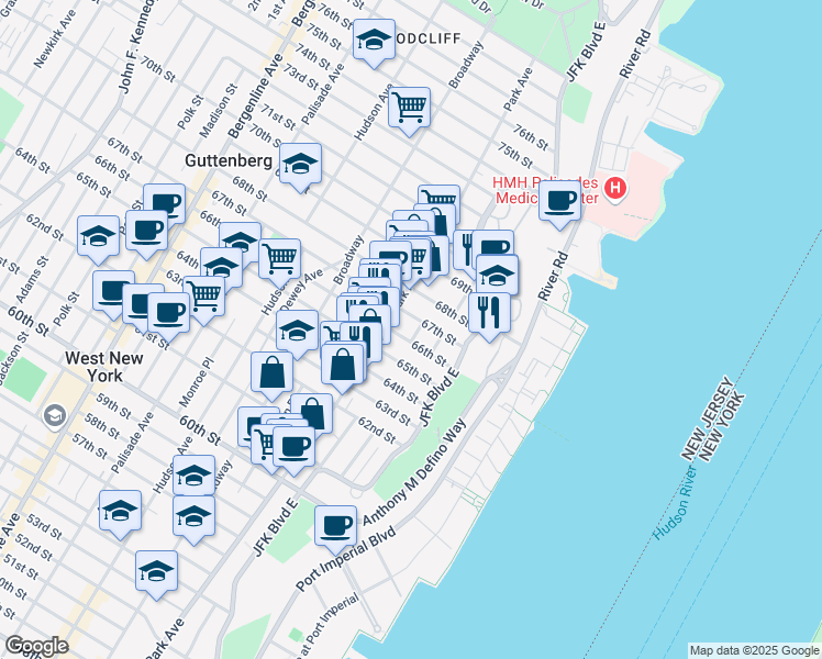map of restaurants, bars, coffee shops, grocery stores, and more near 6612B Lincoln Place in West New York