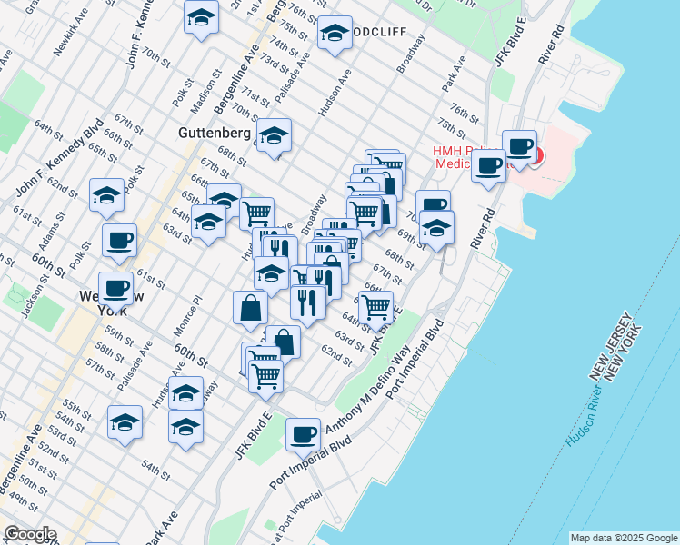 map of restaurants, bars, coffee shops, grocery stores, and more near 6509 Park Avenue in West New York