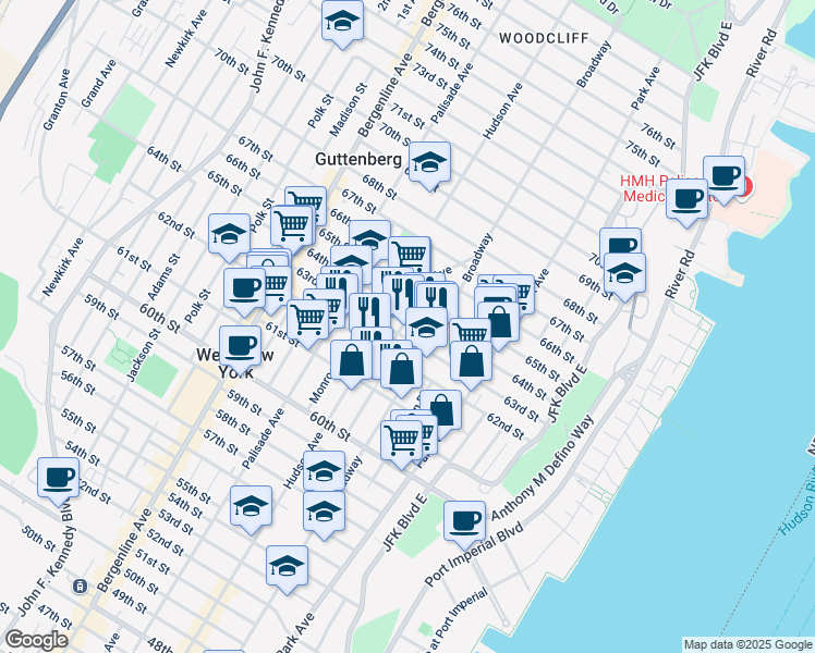 map of restaurants, bars, coffee shops, grocery stores, and more near 6200 Hudson Avenue in West New York