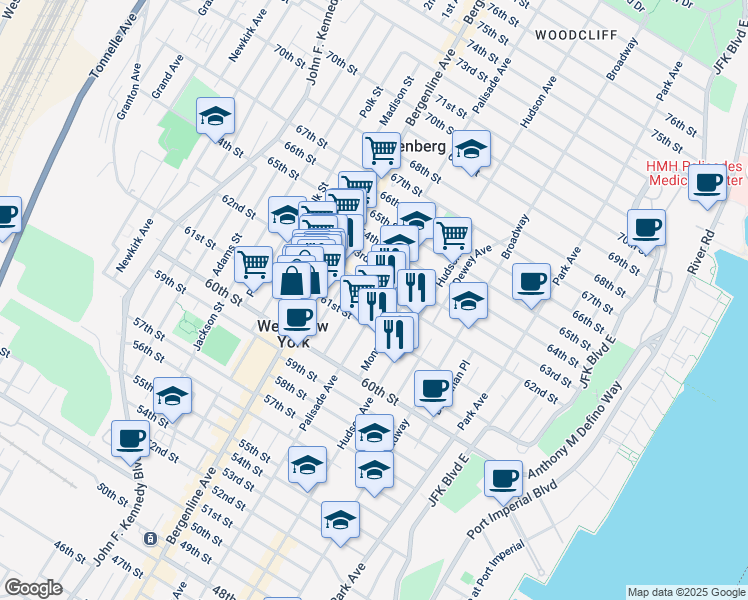 map of restaurants, bars, coffee shops, grocery stores, and more near 6107A Palisade Avenue in West New York