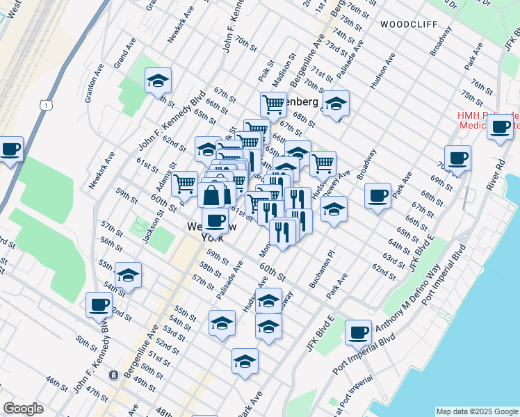 map of restaurants, bars, coffee shops, grocery stores, and more near 6107A Palisade Avenue in West New York