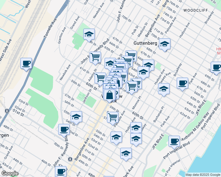 map of restaurants, bars, coffee shops, grocery stores, and more near 6103 Bergenline Avenue in West New York