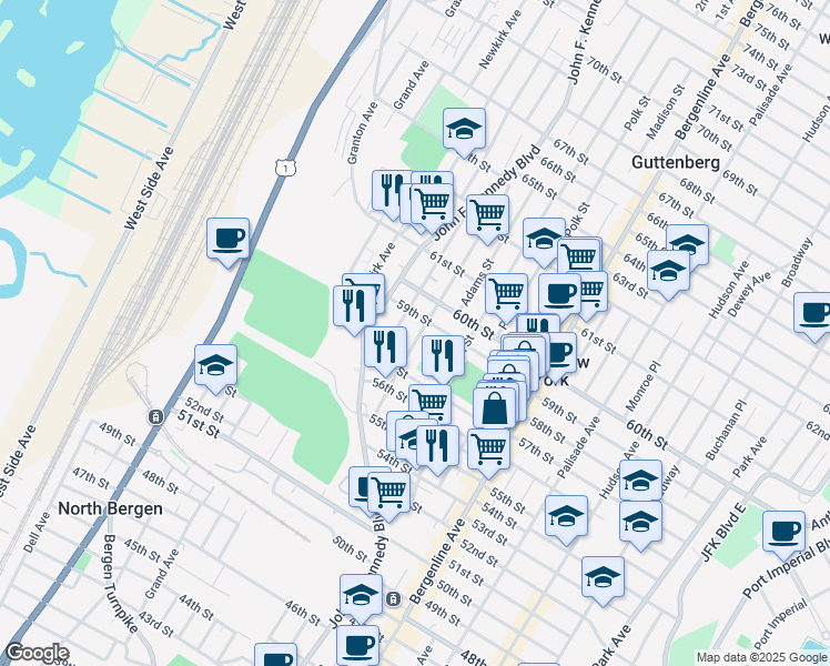 map of restaurants, bars, coffee shops, grocery stores, and more near 5710 Washington Street in West New York