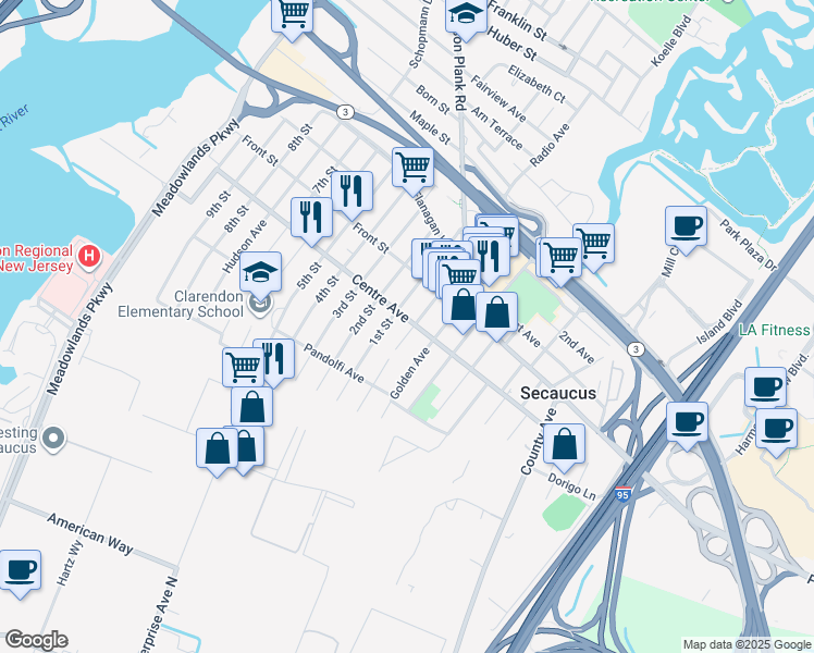 map of restaurants, bars, coffee shops, grocery stores, and more near 725 Minnie Place in Secaucus