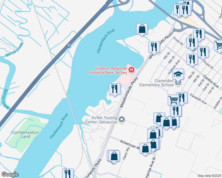 map of restaurants, bars, coffee shops, grocery stores, and more near 82 Harbor Ky in Secaucus