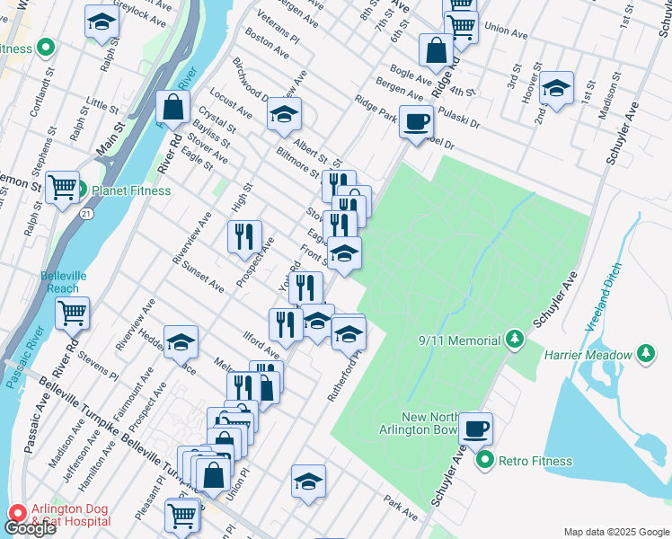 map of restaurants, bars, coffee shops, grocery stores, and more near 223 Ridge Road in North Arlington