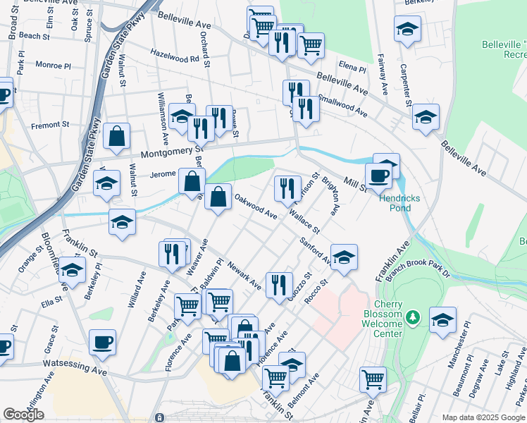 map of restaurants, bars, coffee shops, grocery stores, and more near 105 Baldwin Place in Bloomfield