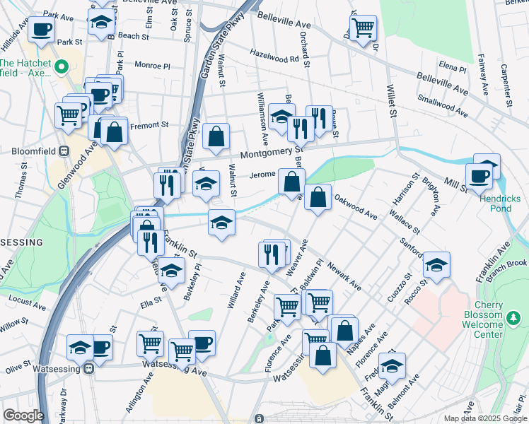 map of restaurants, bars, coffee shops, grocery stores, and more near 156 Newark Avenue in Bloomfield
