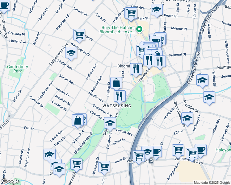 map of restaurants, bars, coffee shops, grocery stores, and more near 26 Thomas Street in Bloomfield