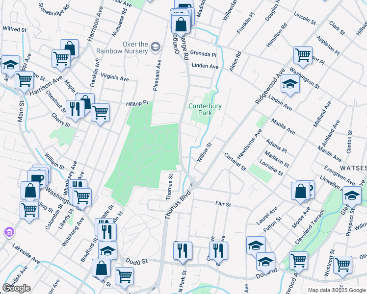 map of restaurants, bars, coffee shops, grocery stores, and more near 9 Brooklawn Road in Montclair