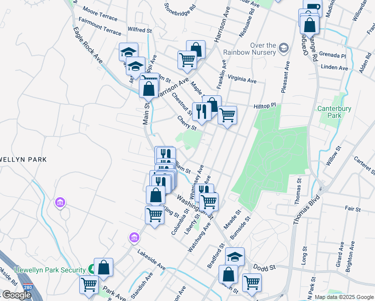map of restaurants, bars, coffee shops, grocery stores, and more near 146 Franklin Avenue in West Orange