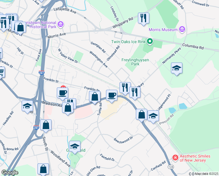 map of restaurants, bars, coffee shops, grocery stores, and more near 3 Twombly Court in Morristown