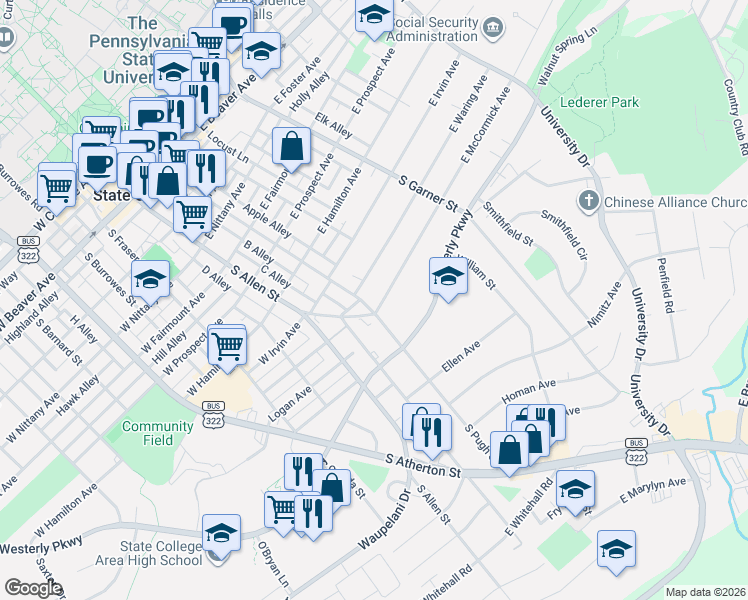 map of restaurants, bars, coffee shops, grocery stores, and more near 164 East McCormick Avenue in State College