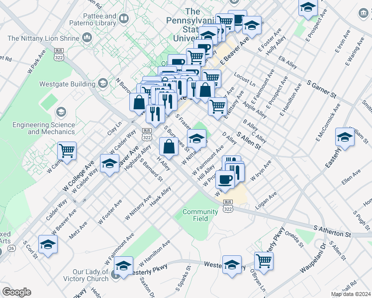 map of restaurants, bars, coffee shops, grocery stores, and more near 330 South Burrowes Street in State College