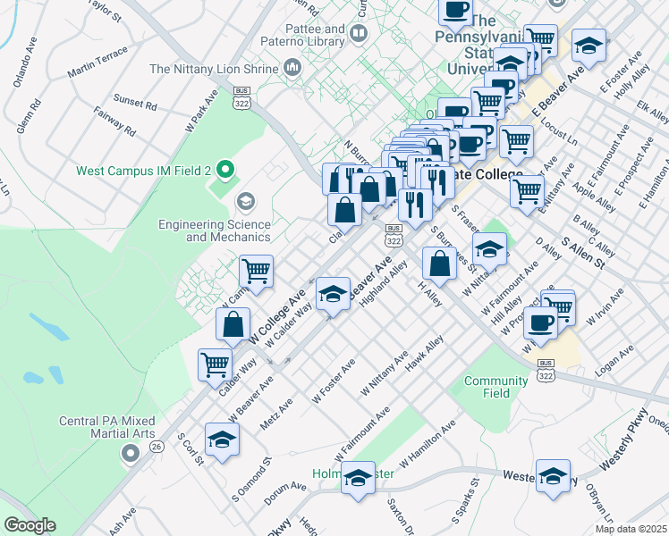 map of restaurants, bars, coffee shops, grocery stores, and more near 127 South Gill Street in State College