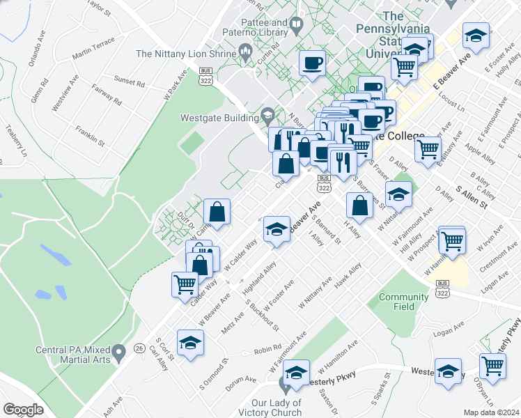 map of restaurants, bars, coffee shops, grocery stores, and more near 622 West College Avenue in State College