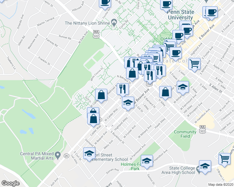 map of restaurants, bars, coffee shops, grocery stores, and more near 622 West College Avenue in State College
