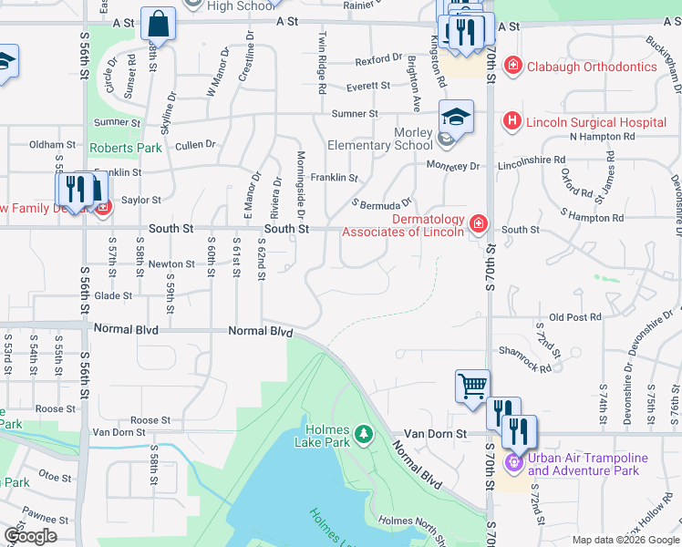 map of restaurants, bars, coffee shops, grocery stores, and more near 6453 Boxelder Drive in Lincoln
