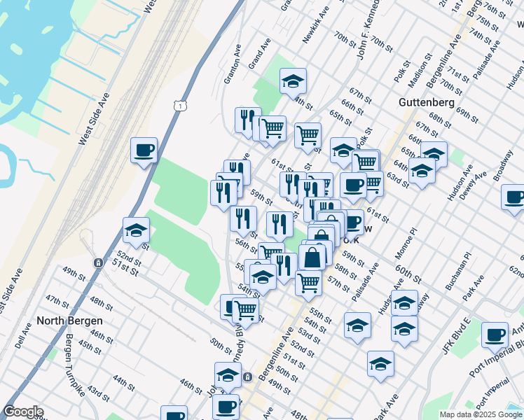 map of restaurants, bars, coffee shops, grocery stores, and more near 5817 Jefferson Street in West New York