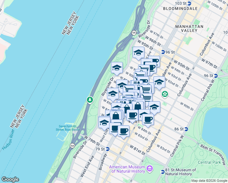 map of restaurants, bars, coffee shops, grocery stores, and more near 334 West 87th Street in New York