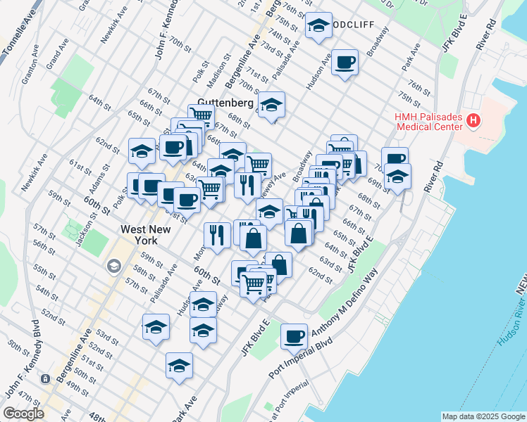 map of restaurants, bars, coffee shops, grocery stores, and more near 6304 Broadway in West New York
