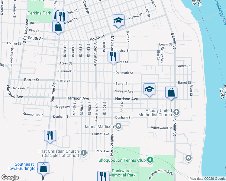 map of restaurants, bars, coffee shops, grocery stores, and more near 822 Harrison Avenue in Burlington