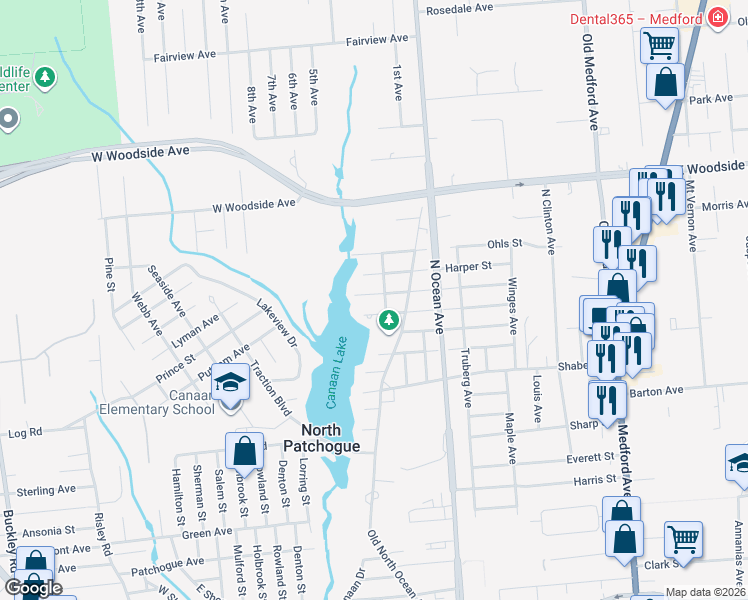 map of restaurants, bars, coffee shops, grocery stores, and more near 117 Newman Street in Patchogue