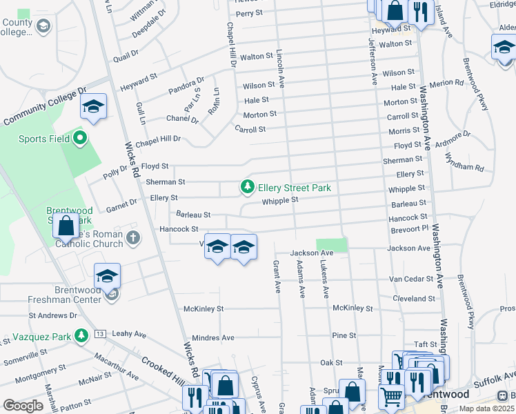 map of restaurants, bars, coffee shops, grocery stores, and more near 320 Barleau Street in Brentwood