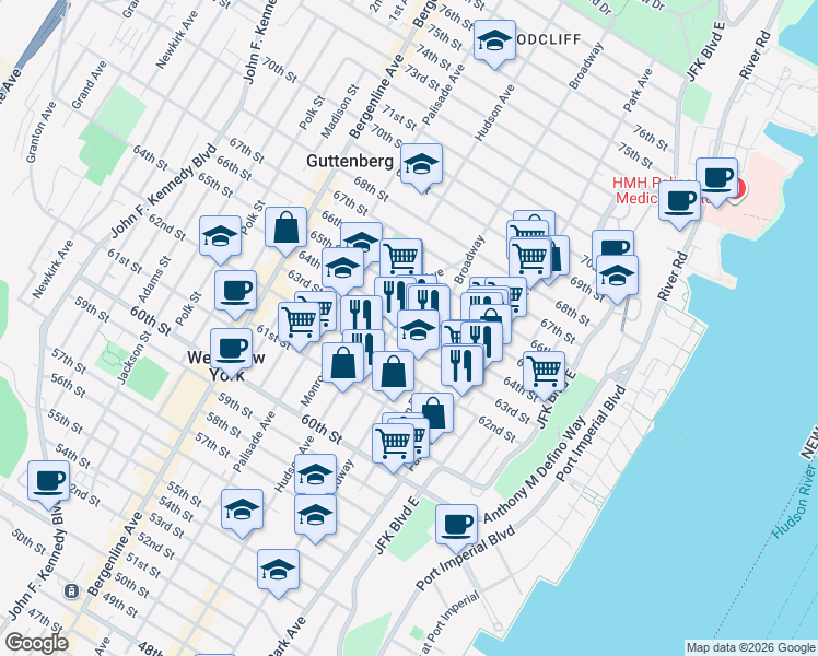 map of restaurants, bars, coffee shops, grocery stores, and more near 6304 Broadway in West New York
