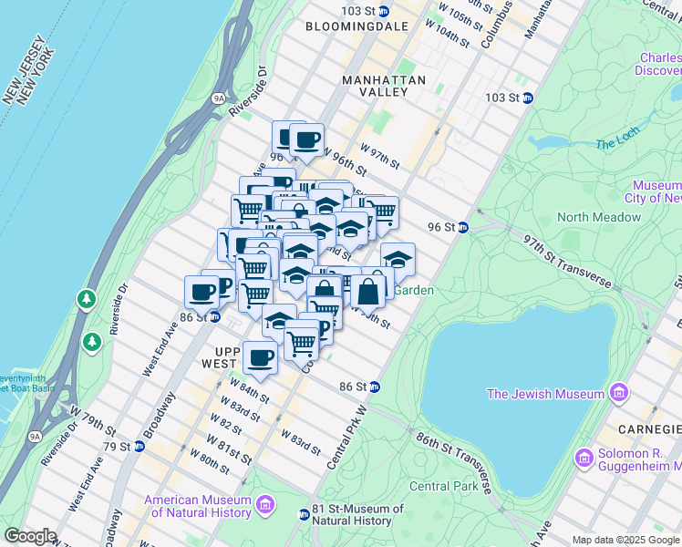 map of restaurants, bars, coffee shops, grocery stores, and more near 101 West 91st Street in New York