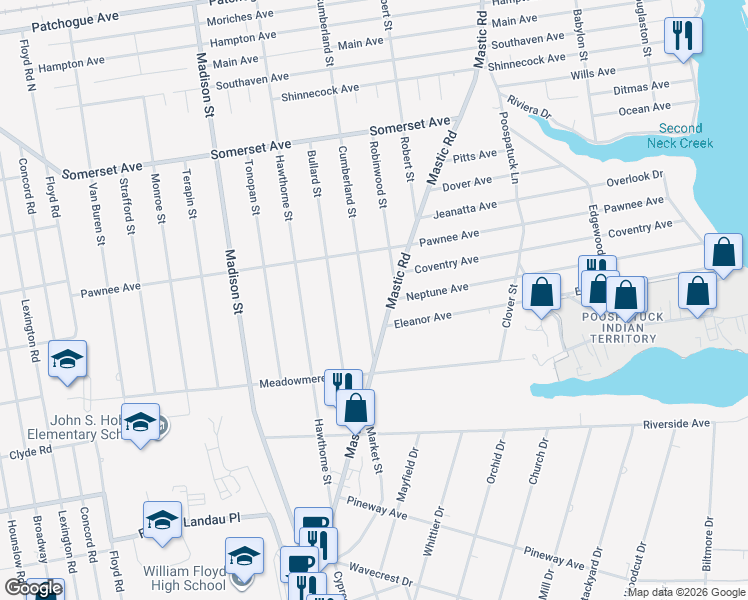 map of restaurants, bars, coffee shops, grocery stores, and more near 3 Eleanor Avenue in Mastic