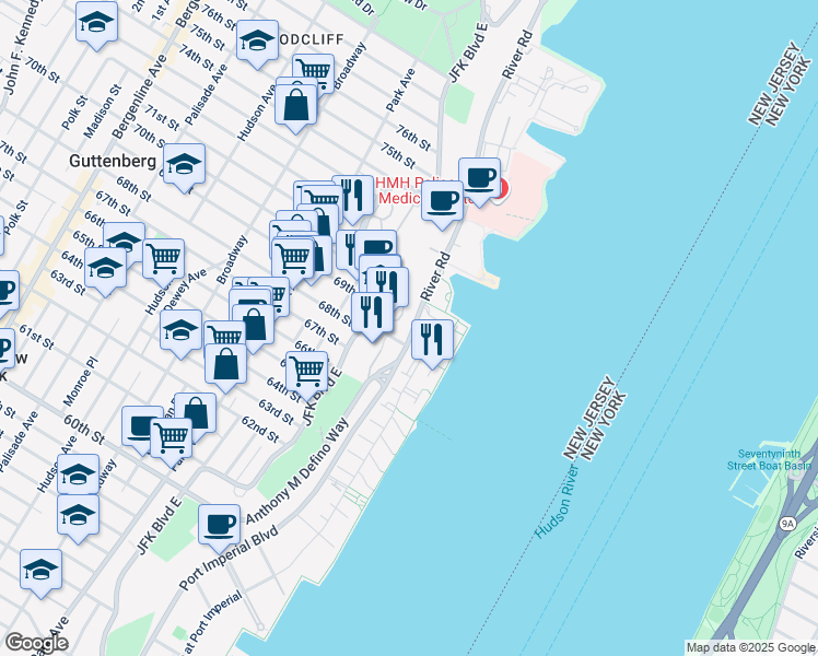 map of restaurants, bars, coffee shops, grocery stores, and more near 7000 Boulevard East in Guttenberg