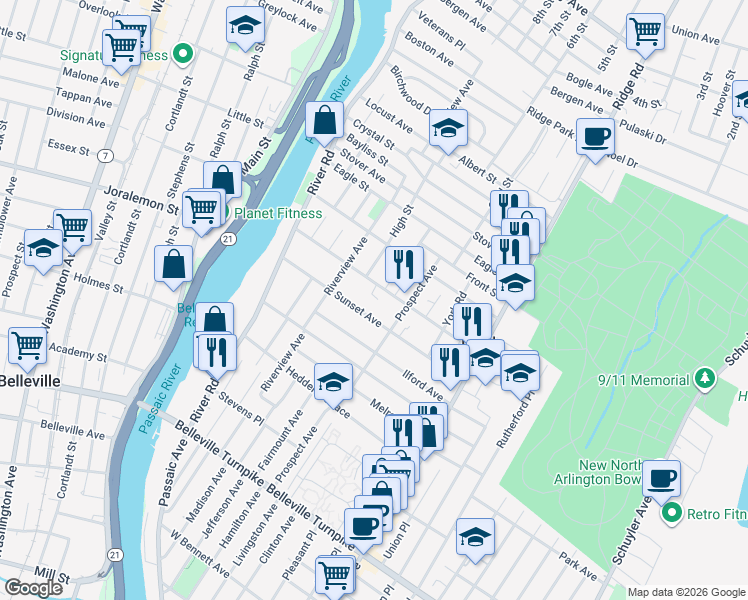 map of restaurants, bars, coffee shops, grocery stores, and more near 181 Prospect Avenue in North Arlington