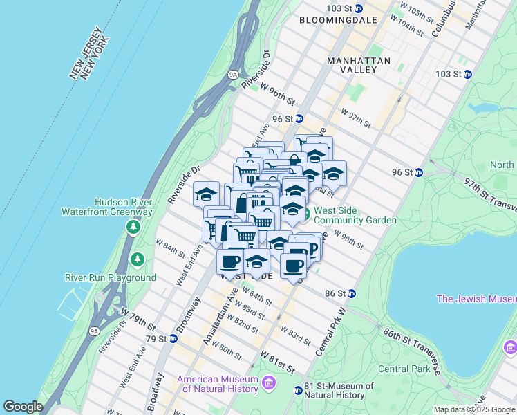 map of restaurants, bars, coffee shops, grocery stores, and more near 218 West 89th Street in New York