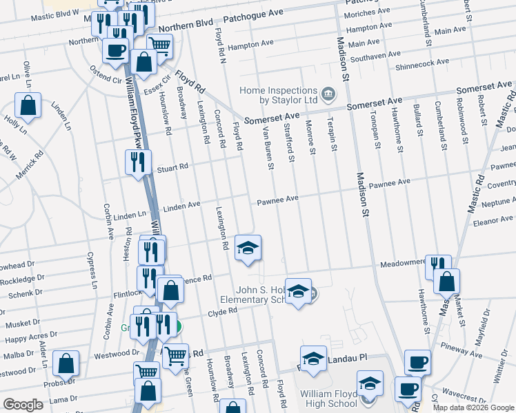 map of restaurants, bars, coffee shops, grocery stores, and more near 111 Floyd Road in Shirley