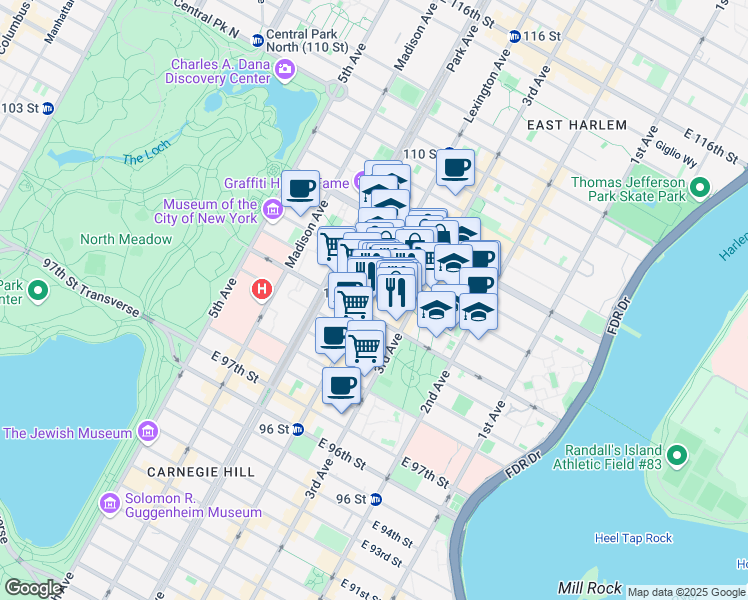 map of restaurants, bars, coffee shops, grocery stores, and more near 175 East 102nd Street in New York